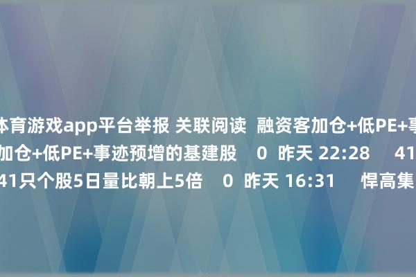 体育游戏app平台举报 关联阅读  融资客加仓+低PE+事迹预增的基建股融资客加仓+低PE+事迹预增的基建股    0  昨天 22:28     41只个股5日量比朝上5倍41只个股5日量比朝上5倍    0  昨天 16:31     悍高集团中签号出炉 共约5.04万个悍高集团中签号出炉 共约5.04万个    151  07-22 20:52     国度新闻出书署：7月共7款入口收集游戏